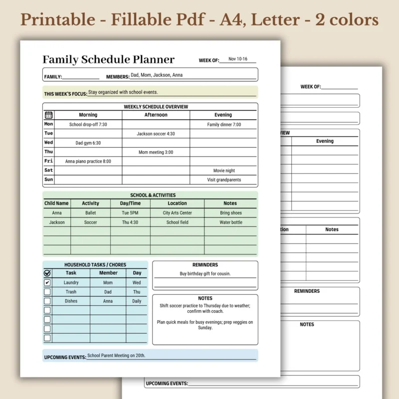 Weekly Family Schedule Printable for Household Organization and Chores