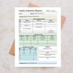 Sample Family Schedule Planner with pre-filled weekly activities, evening meal menus, and household chore assignments.