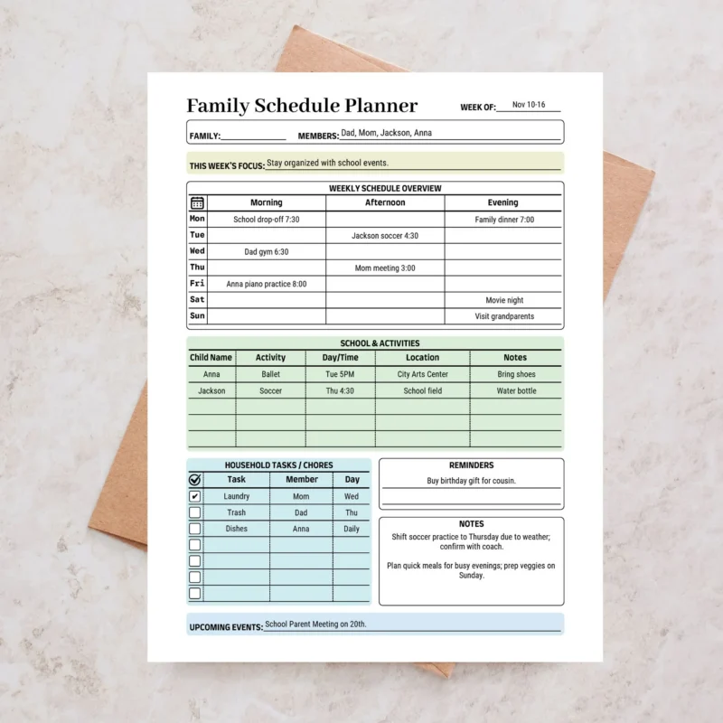 Sample Family Schedule Planner with pre-filled weekly activities, evening meal menus, and household chore assignments.