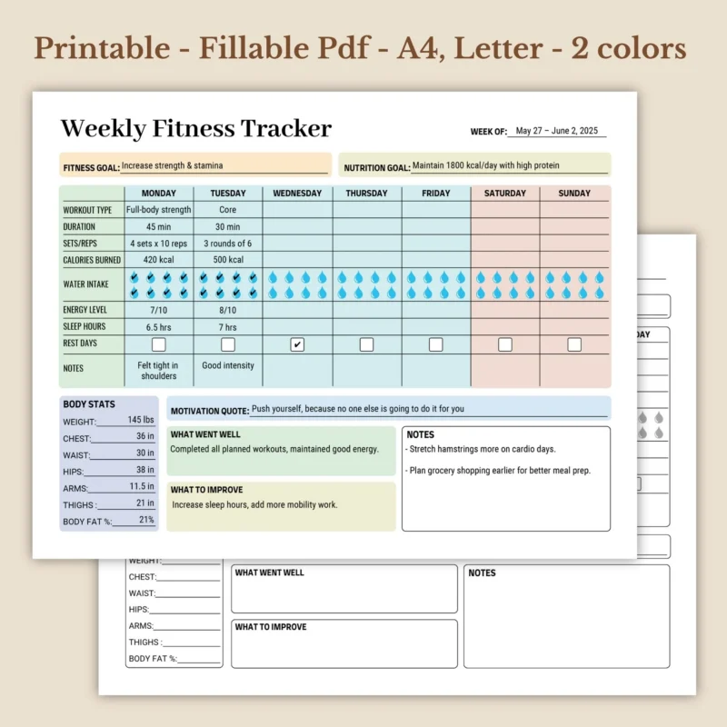 Weekly Fitness Tracker Printable for Workout Routine and Health Goals