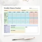 Professional exercise log featuring color-coded sections for nutrition goals, motivation quotes, and progress reflection notes.