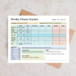 Sample Weekly Fitness Tracker with pre-filled workout sets, daily hydration icons, and weekly body measurement stats.