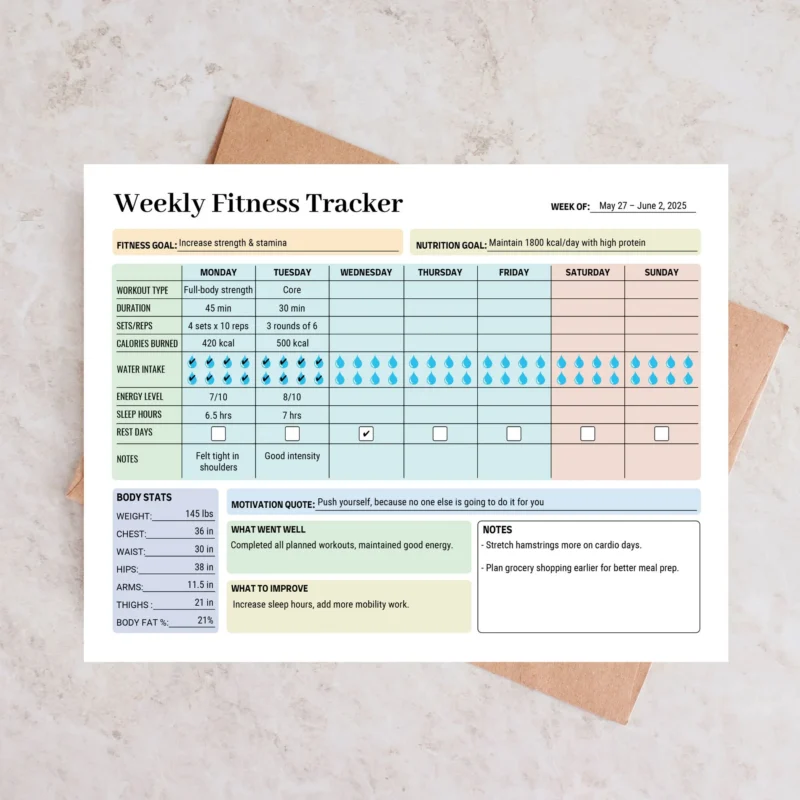 Sample Weekly Fitness Tracker with pre-filled workout sets, daily hydration icons, and weekly body measurement stats.