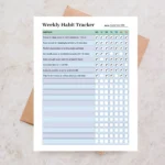 Sample Weekly Habit Tracker with pre-filled routine tasks and daily checkmarks for visual progress monitoring.