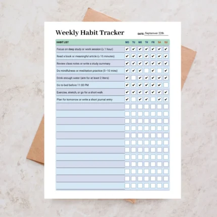 Sample Weekly Habit Tracker with pre-filled routine tasks and daily checkmarks for visual progress monitoring.