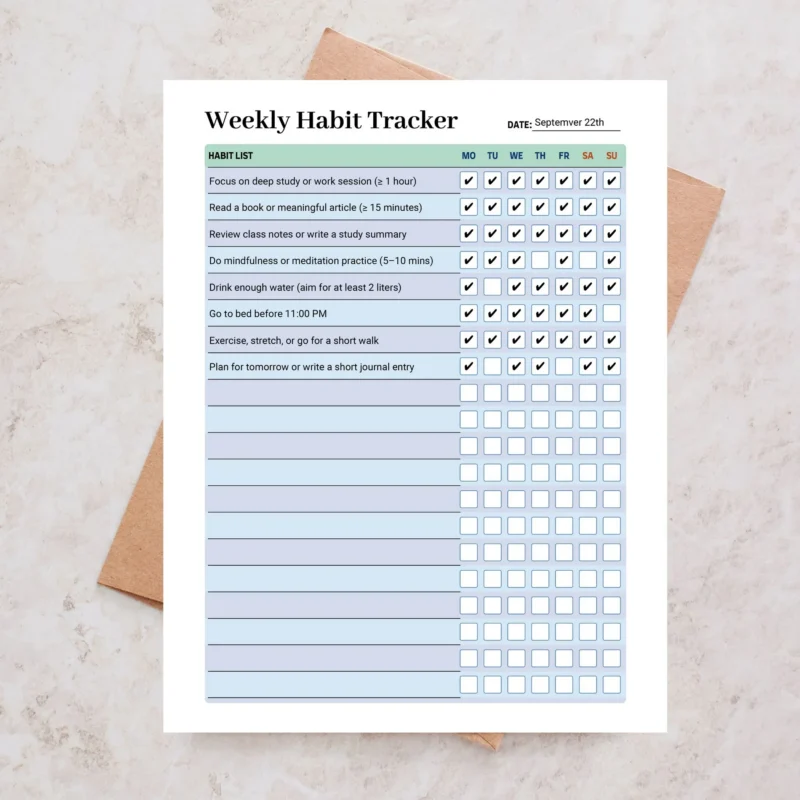 Sample Weekly Habit Tracker with pre-filled routine tasks and daily checkmarks for visual progress monitoring.