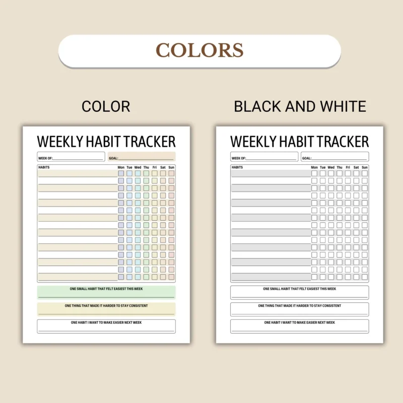 Weekly Habit Tracker available in colorful and ink-friendly black-and-white