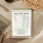 Sample Weekly Habit Tracker with pre-filled routines, daily checkmarks, reflection notes, and reward incentives for consistency