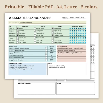 Weekly Meal Organizer Printable for Home Kitchen Management