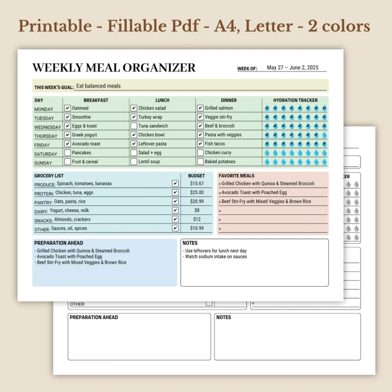 Weekly Meal Organizer Printable for Home Kitchen Management