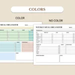 Weekly Meal Organizer available in colorful and ink-friendly black-and-white