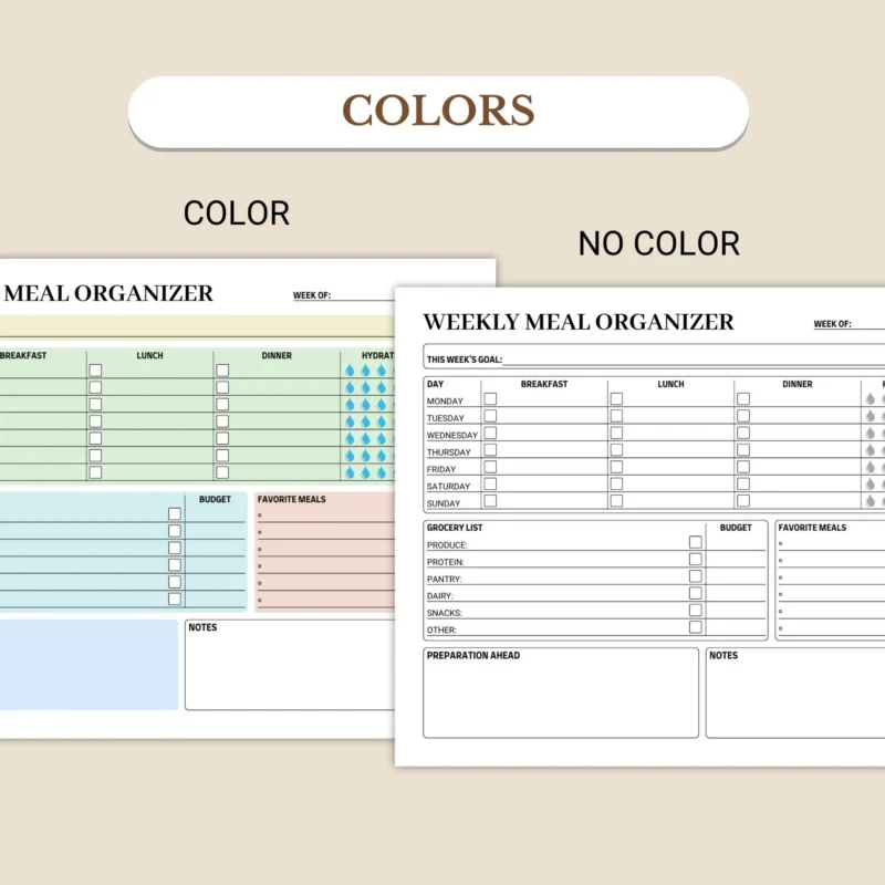 Weekly Meal Organizer available in colorful and ink-friendly black-and-white