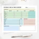 Sample Weekly Meal Organizer with pre-filled recipes, daily water intake goals, and a categorized shopping list for kitchen organization