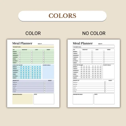Weekly Meal Planner available in colorful and ink-friendly black-and-white