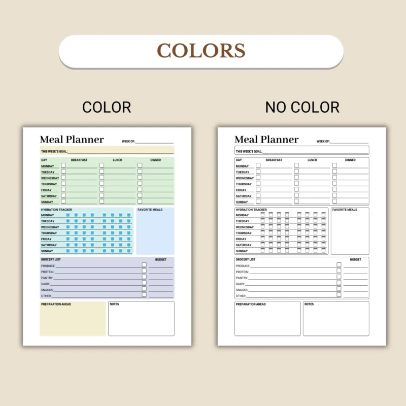 Weekly Meal Planner available in colorful and ink-friendly black-and-white