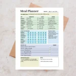 Sample Meal Planner with pre-filled weekly recipes, daily water intake goals, and a categorized grocery shopping list for food organization.