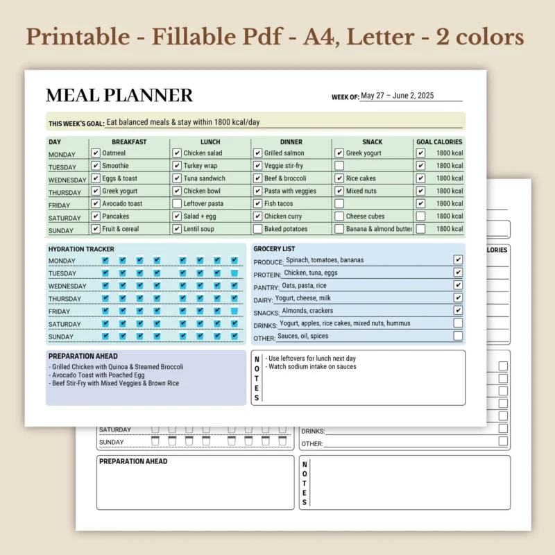 Weekly Meal Planner Printable for Healthy Nutrition and Budgeting Lanscape