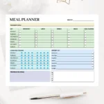 A clean nutrition dashboard featuring color-coded sections for favorite meals, meal prep reminders, and expense tracking with high visual clarity