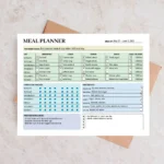 Sample Meal Planner with pre-filled weekly recipes, daily water intake goals, and a categorized grocery shopping list for food organization