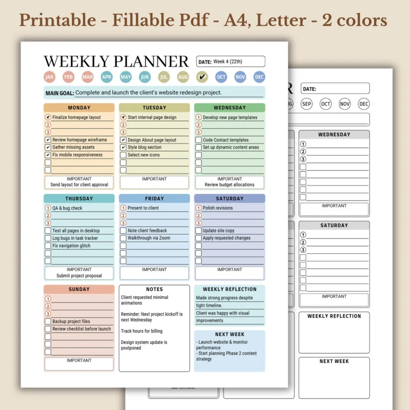 Weekly Planner Printable PDF, Aesthetic Undated Calendar Template, 7-Day Productivity Organizer