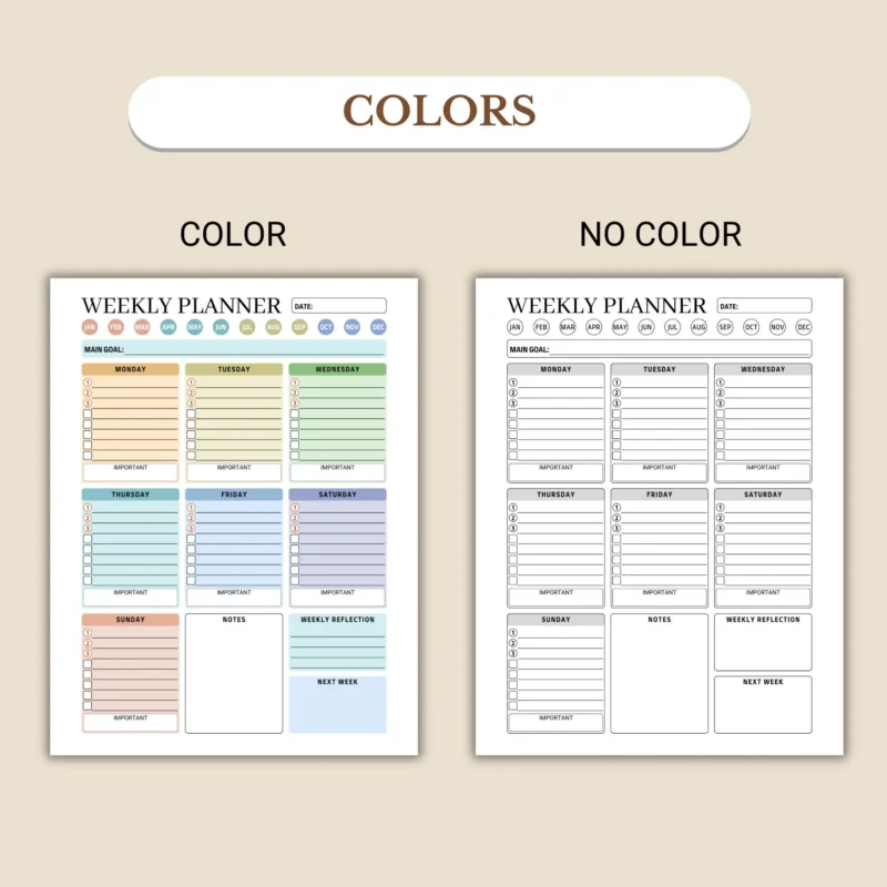 Weekly Planner available in colorful and ink-friendly black-and-white