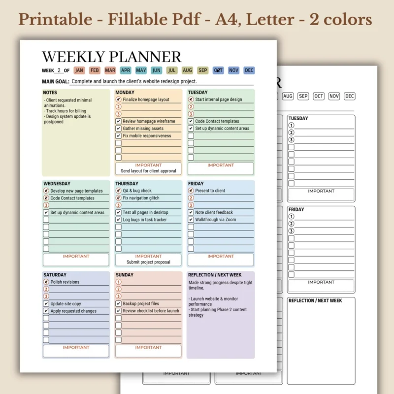 Weekly Planner Printable PDF, High-Performance Work Week Layout, Aesthetic Undated Calendar Template