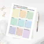 A minimalist weekly planner template with color-coded daily blocks, goal setting sections, and a weekly reflection area