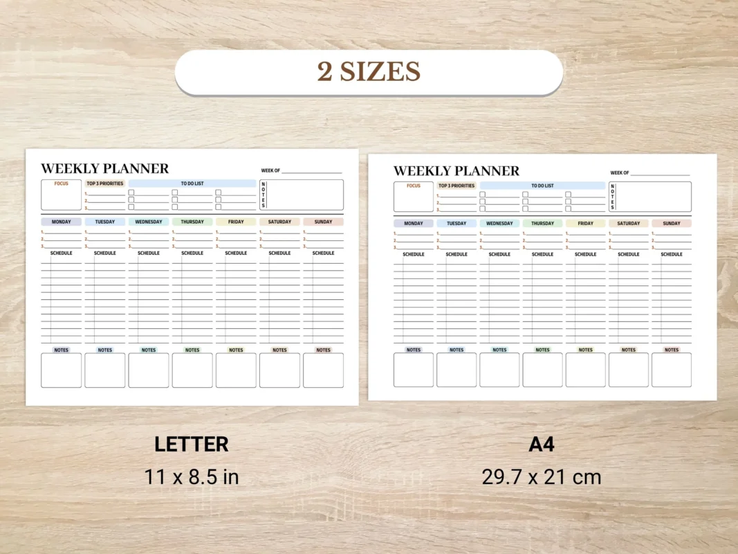 Weekly Planner available in US Letter & A4 sizes