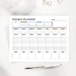 A professional seven-day dashboard featuring organized sections for priority tasks, weekly reflections, and a comprehensive to-do list.