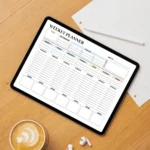 Sample Weekly Planner with pre-filled daily schedules, goal setting prompts, and a five-item habit tracking grid.