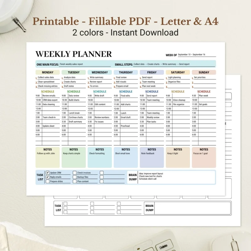 Weekly Planner Printable for Professional Goal Setting and Schedule