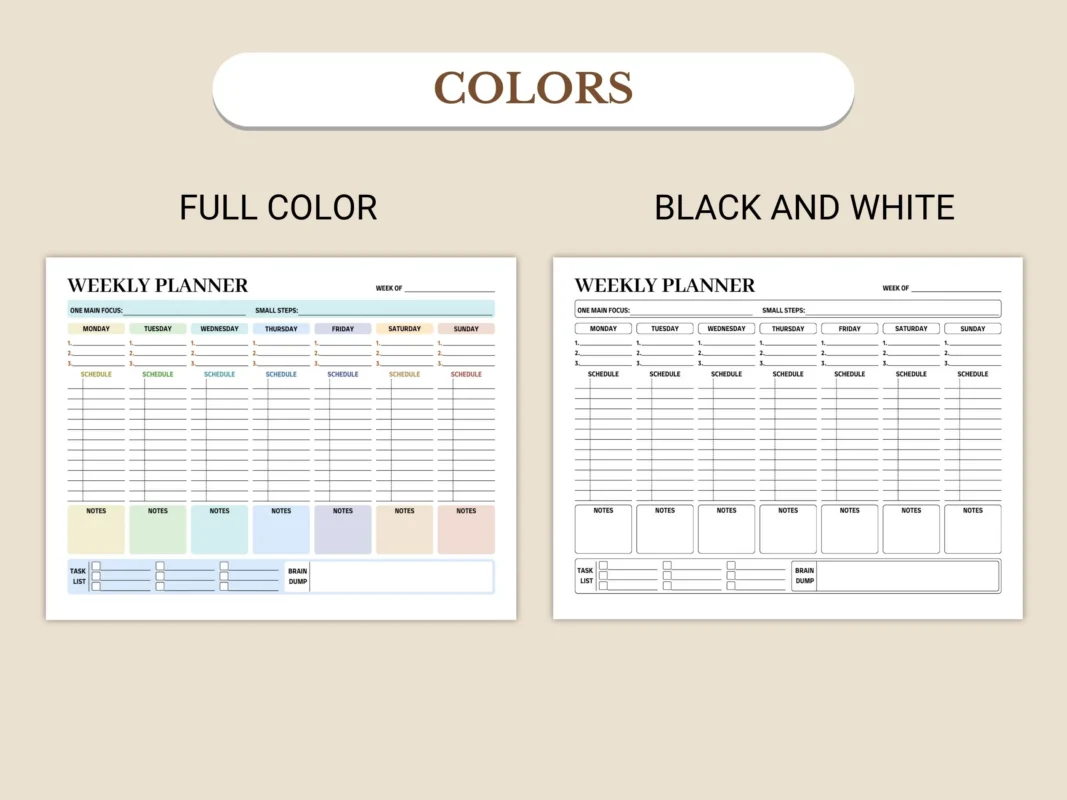 Weekly Planner available in colorful and ink-friendly black-and-white