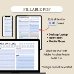 Fillable work day log for mobile, tablet, and laptop/PC