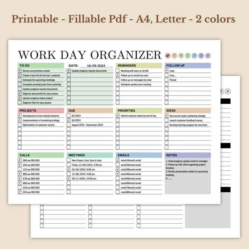 Work Day Organizer Daily To-Do List & Fillable PDF Planner