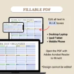 Work Day Organizer fillable PDF for Desktop, Mobile & Tablet use