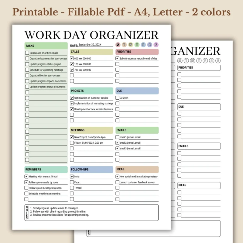 Work Day Organizer Printable Digital Planner for Work Productivity