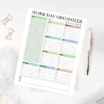 Structured digital work planner featuring color-coded sections for status tracking and daily goals with high visual clarity