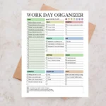 Sample Work Day Organizer with pre-filled professional tasks, calls, emails, priority and project for office productivity