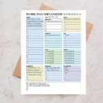 Example of a Work Day Organizer with checked-off tasks, priority, calls, reminders, emails, and notes