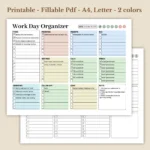 Work Day Organizer Printable for Professional Office Productivity Landscape