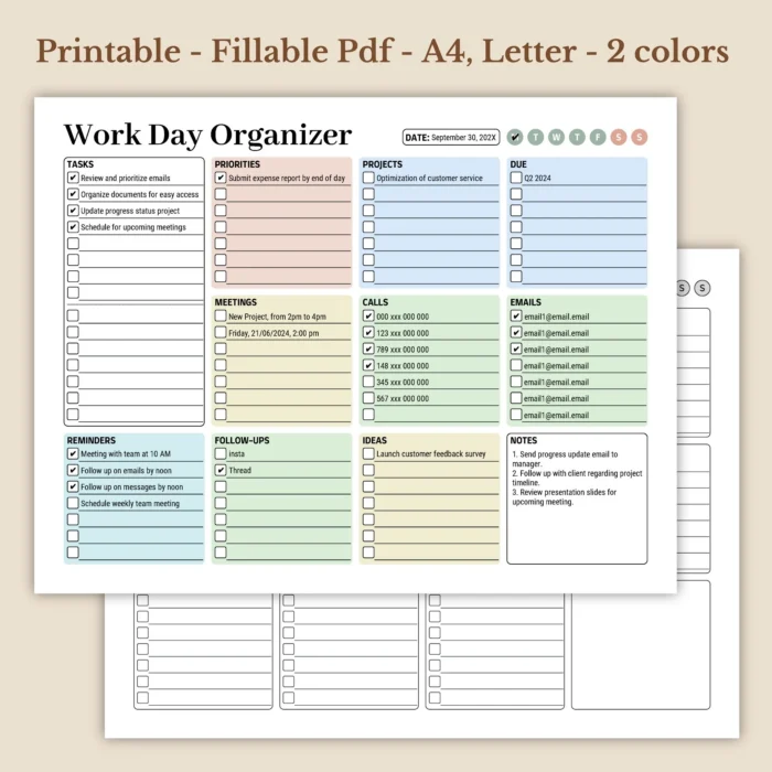 Work Day Organizer Printable PDF - Landscape Office Planner