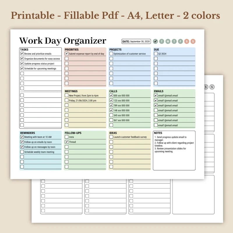 Work Day Organizer Printable for Professional Office Productivity Landscape