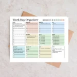Example of a Work Day Organizer with checked-off tasks, priority, calls, emails, reminders, and notes