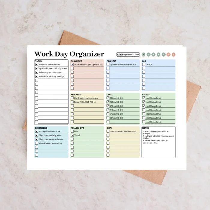 Work Day Organizer Printable PDF - Landscape Office Planner