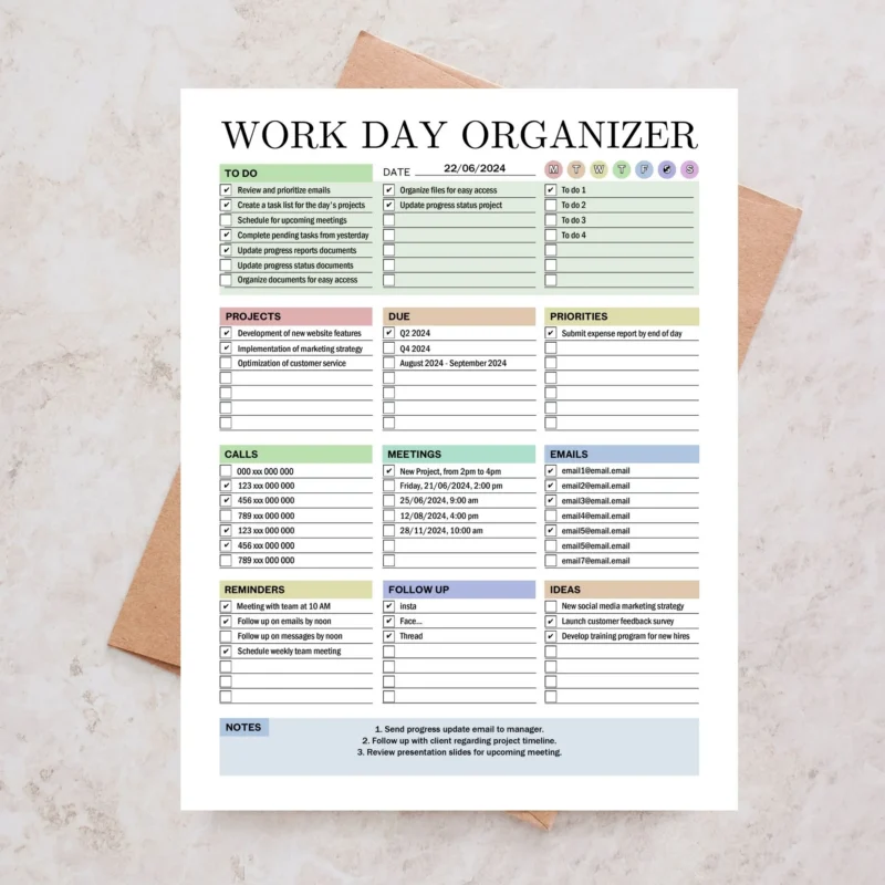 Work Day Organizer on a table surface