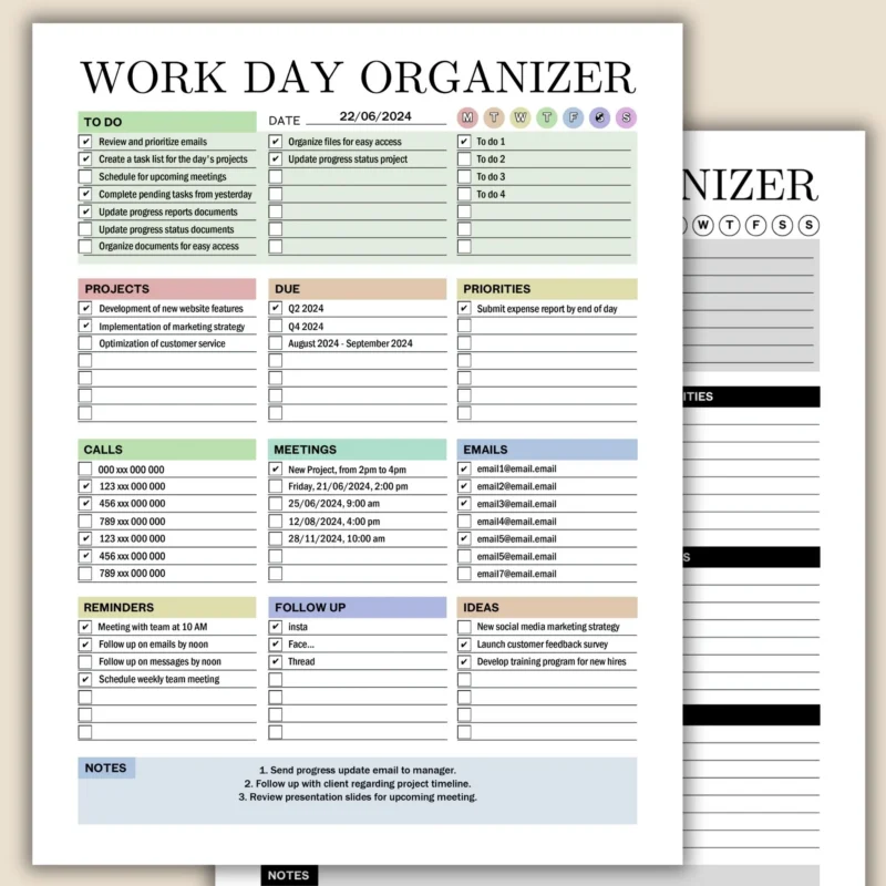Work Day Organizer and daily to-do list for digital or print use.