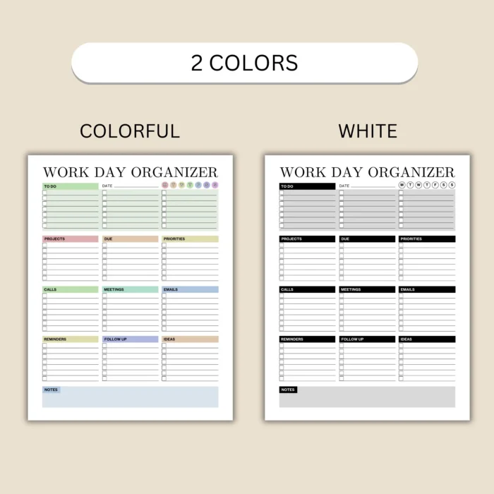 Work Day Organizer, Daily To Do List, Printable Fillable PDF, Letter ...