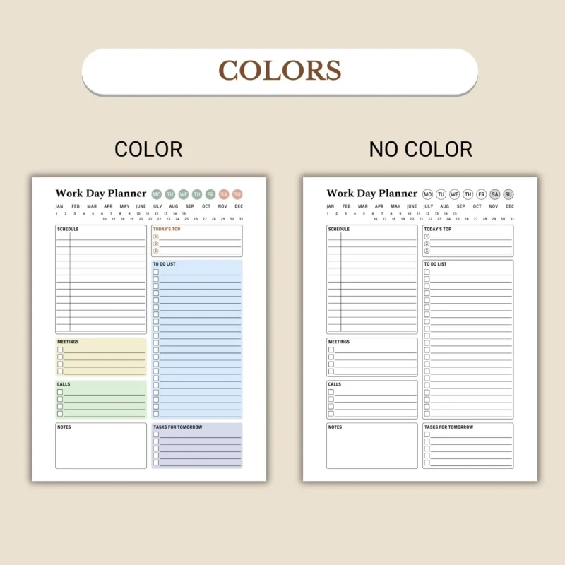 Simple Work Day Planner available in colorful and ink-friendly black-and-white
