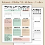 Work Day Planner, Soft Pastel Productivity Organizer, Printable Fillable PDF Daily Workflow