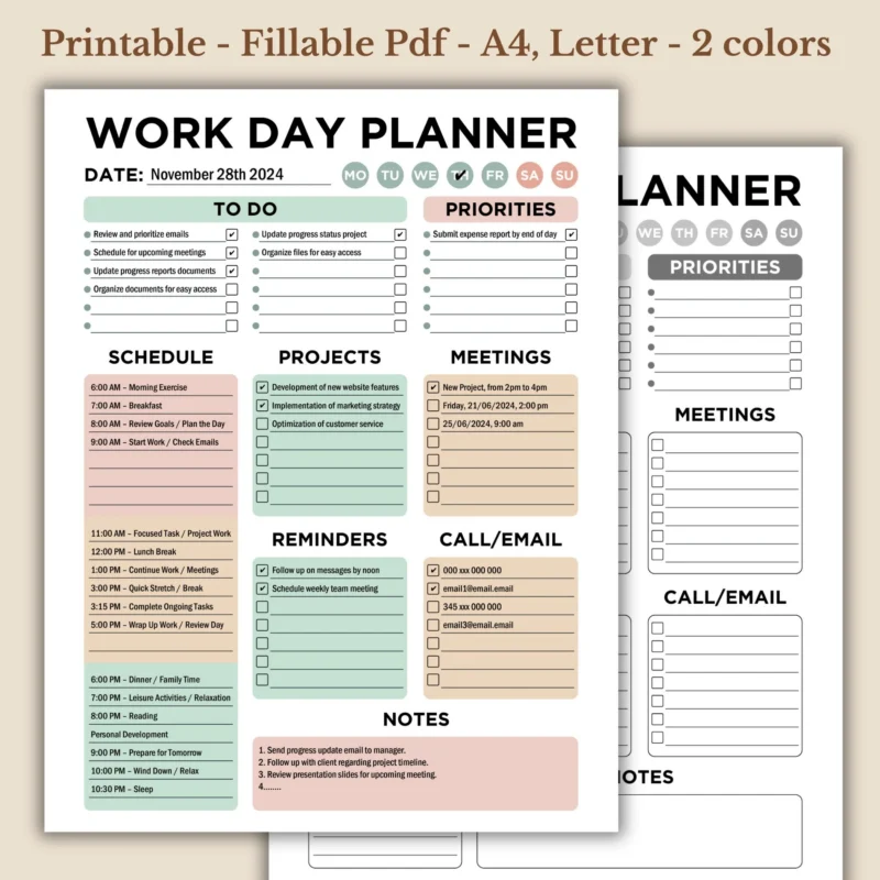Work Day Planner, Soft Pastel Productivity Organizer, Printable Fillable PDF Daily Workflow